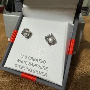 Lab Created White‎ Sapphire Sterling Silver Stud Earrings Round gift box